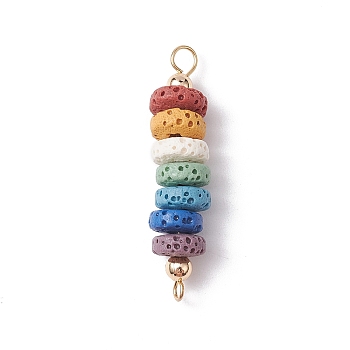 Natural Lava Rock Dyed Beaded Connector Charms, Chakra Disc Links with Brass Loops, Colorful, Golden, 37x8mm, Hole: 1.8mm