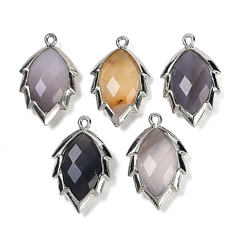 Natural Agate Faceted Leaf Pendants, Rack Plating Brass Charms, Platinum, 23x13.5x5.5mm, Hole: 1.2mm