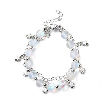 Synthetic Moonstone Round Beaded Multi-strand Bracelet, Brass Star Charms Double Layer Bracelet for Women, 7-1/8 inch(18cm)