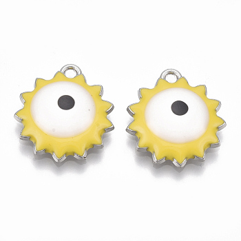 Alloy Pendants, with Enamel, Flower with Evil Eye, Platinum, Gold, 21x19x4.5mm, Hole: 1.8mm