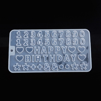 Food Grade DIY Silicone Molds, Baking Molds, Chocolate, Candy, Biscuits, UV Resin & Epoxy Resin Jewelry Making, Number and Word Happy Birthday, Symbol, Heart, White, 209x114x4.5mm, Inner Size: 12~18x4~18mm