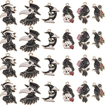 SUPERFINDINGS 24Pcs 6 Style Alloy Enamel Pendants, Gothic Theme, Crow with Rose Flower, Light Gold, Black, 26~32x16~25x1~1.5mm, Hole: 1.8~2.2mm, 4pcs/style