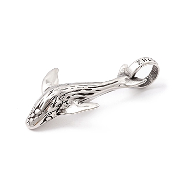 Tibetan Style 304 Stainless Steel Pendants, Whale, Antique Silver, 56.5x29.5x9mm, Hole: 10mm
