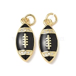 Brass Micro Pave Cubic Zirconia Pendants, Rugby, with Enamel and Jump Ring, Lead Free & Cadmium Free, Long-Lasting Plated, Black, 19.5x8.5x3.5mm, Hole: 3.5mm(KK-Q068-58G-01)