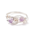 Natural Amethyst Beaded Spiral Finger Ring, Brass Wire Wrap Jewelry for Women, Silver, US Size 8 1/2(18.5mm)(RJEW-TA00049-04)