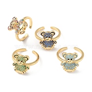 Cubic Zirconia Bear Open Cuff Rings, Real 18K Gold Plated Brass Jewelry for Women, Cadmium Free & Lead Free, Mixed Color, US Size 7 1/4(17.5mm)(RJEW-P089-03G)