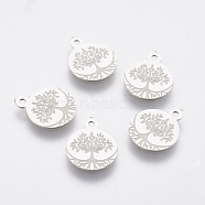 304 Stainless Steel Charms, Flat Round with Tree, Stainless Steel Color, 12x10x0.5mm, Hole: 1mm(X-STAS-G174-07P)