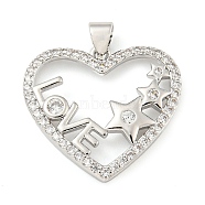Rack Plating Brass Micro Pave Cubic Zirconia Pendants, Cadmium Free & Lead Free, Long-Lasting Plated, Heart with Word Love, for Valentine's Day, Platinum, 20.5x23x3.5mm, Hole: 4x3.5mm(KK-C044-17P)