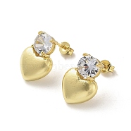 Heart Rack Plating Brass Micro Pave Clear Cubic Zirconia Stud Earrings, Cadmium Free & Lead Free, Real 18K Gold Plated, 17.5x12mm(EJEW-M240-03G)