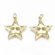 Brass Pendants, with Jump Rings, Nickel Free, Hollow, Star with Heart, Real 16K Gold Plated, 22.5x21x2.5mm, Jump Ring: 5x0.8mm, 3.4mm inner diameter(KK-S313-18-NF)