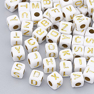 Pandahall 50g Plated Acrylic Beads, Metal Enlaced, Horizontal Hole, Cube with Letter, Golden Plated, 4.5x4.5x4.5mm, Hole: 3mm(SACR-TA0001-17B)