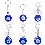 AHADERMAKER 6Pcs 6 Style Lampwork Keychain, with Iron & Alloy Findings, Evil Eye, Flat Round & Teardrop, Antique Silver & Platinum, 1pc/style(KEYC-GA0001-07)