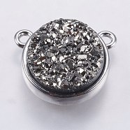 Druzy Resin Charms, with Brass Finding, Flat Round, Platinum, Silver, 9.5x12x3.5~4mm, Hole: 1.5mm(KK-E723-L-11P)
