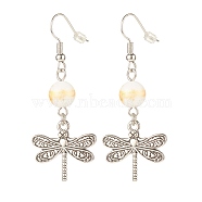 Round Natural Mashan Jade with Alloy Dragonfly Dangle Earrings, Brass Earrings for Women, Floral White, 50mm, Pin: 0.6mm(EJEW-JE04855-03)