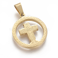 304 Stainless Steel Pendants, For Easter, Flat Round with Crucifix Cross, Golden, 22.5x20x2mm, Hole: 4x6mm(STAS-F210-04G)