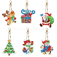 Christmas Theme DIY Diamond Painting Keychain Kits, Elk Santa Snowman Christmas Tree Gift Box Penguin, including Resin Rhinestones, Diamond Sticky Pen, Tray Plate and Glue Clay, Mixed Color, 120~145x60~80mm, 6pcs/set(XMAS-PW0001-118)
