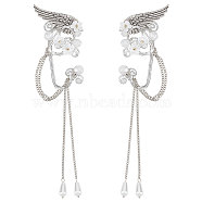 Aluminum Wing and Flower Cuff Earrings with Plastic Pearl Tassel, Alloy Wire Wrap Elf Ear Cuffs for Elven Cosplay Wedding Party, Platinum, 190mm(EJEW-WH0011-07P)