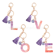ARRICRAFT 4Pcs 4 Styles Resin Keychains, with Iron Keychain Findings, Glass Ball Pendants(with Plastic inside) and Sponge Tassels, Letter Love, Light Gold, Lilac, 9.5cm, 1pc/style(KEYC-AR0001-01)