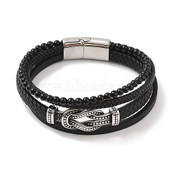 Braided Microfiber Leather Multi-strand Bracelets, 304 Stainless Steel & Black Glass Bracelets for Men, Knot, 8-5/8x1 inch(22x2.5cm)(BJEW-B096-06A)