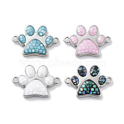 Rack Plating Brass & Shell Paw Print Links Connector Charms, with Enamel, Long-lasting Plated, Cadmium Free & Lead Free, Mixed Color, Platinum, 12x17.5x2.5mm, Hole: 1.2mm(KK-K380-15P)