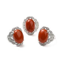 Natural Red Jasper Adjustable Rings, Platinum Tone Oval Brass Rings for Women, Cadmium Free & Lead Free, US Size 7 3/4(17.9mm), 3.5~5mm(RJEW-P043-04P-23)