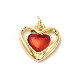 Rack Plating Brass Enamel Pendants, with Jump Ring, Long-Lasting Plated, Cadmium Free & Lead Free, Heart Charm, Real 18K Gold Plated, Red, 15x15x2mm, Hole: 3mm(KK-Z056-40G-02)