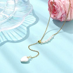 Adjustable Natural Baroque Keshi Pearl Heart Pendant 304 Stainless Steel Cable Chain Y Shaped Lariat Necklaces for Women, White, Golden, 16.34 inch(41.5cm)(NJEW-JN06095)
