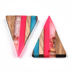 Transparent Resin & Walnut Wood Pendants, with Gold Foil, Triangle Charm, Deep Pink, 32.5x21.5x3.5mm, Hole: 2mm(RESI-TAC0017-50-A02)