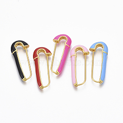 Brass Enamel Safety Pins Earrings, Real 18K Gold Plated, Nickel Free, Mixed Color, 28x12x4mm, Pin: 1mm(JEWB-R015-01-NF)
