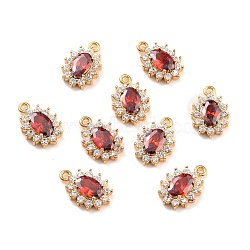 Real 18K Gold Plated Brass Micro Pave Cubic Zirconia Charms, Cadmium Free & Nickel Free & Lead Free, Oval, FireBrick, 12x8x3mm, Hole: 1.2mm(X-ZIRC-Z023-04C-NR)