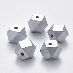 Painted Natural Wood Beads, Polygon, Silver, 15.5x16x16mm, Hole: 3.5mm(WOOD-Q040-020B-B02)