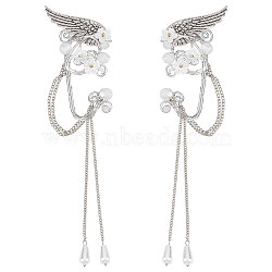 Aluminum Wing and Flower Cuff Earrings with Plastic Pearl Tassel, Alloy Wire Wrap Elf Ear Cuffs for Elven Cosplay Wedding Party, Platinum, 190mm(EJEW-WH0011-07P)