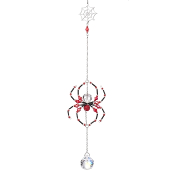 Spider Glass Beaded Hanging Ornaments, Round Tassel for Home Garden Decorations, Red, 275mm