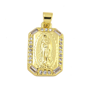 Religion Theme Rack Plating Brass Micro Pave Cubic Zirconia Pendants, Long-Lasting Plated, Cadmium Free & Lead Free, Real 18K Gold Plated, Rectangle, 21x12.5x4.5mm, Hole: 4x3.5mm