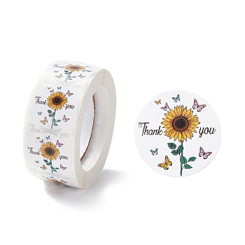 Thank You Stickers Roll, Flat Round Paper Gift Tag Stickers, Adhesive Labels Stickers, Sunflower Pattern, 2.8cm, Stickers: 25x0.1mm, about 500pcs/roll