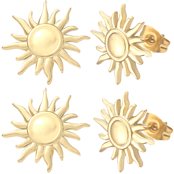 10Pcs 304 Stainless Steel Sun Stud Earring Findings, Earring Settings with Round Tray, Real 18K Gold Plated, 14.5mm, Pin: 0.7mm