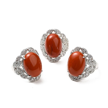 Natural Red Jasper Adjustable Rings, Platinum Tone Oval Brass Rings for Women, Cadmium Free & Lead Free, US Size 7 3/4(17.9mm), 3.5~5mm