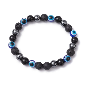 Round Gemstone Beaded Stretch Bracelets, Bohemia Bracelets, Evil Eye Resin Beads Bracelets for Men, Inner Diameter: 2-1/8~2-1/4 inch(5.4~5.85cm)