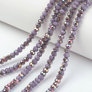 Electroplate Opaque Glass Beads Strands, Half Rose Gold Plated, Faceted, Rondelle, Plum, 4x3mm, Hole: 0.4mm, about 123~127pcs/strand, 16.5~16.9 inch(42~43cm)