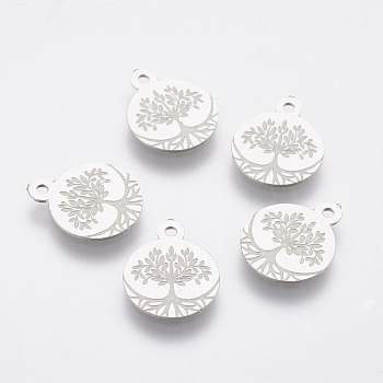 304 Stainless Steel Charms, Flat Round with Tree, Stainless Steel Color, 12x10x0.5mm, Hole: 1mm