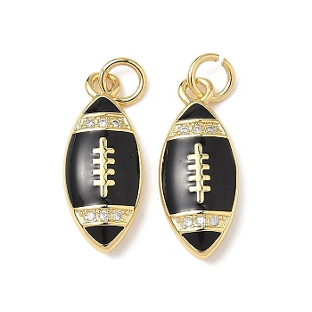 Brass Micro Pave Cubic Zirconia Pendants, Rugby, with Enamel and Jump Ring, Lead Free & Cadmium Free, Long-Lasting Plated, Black, 19.5x8.5x3.5mm, Hole: 3.5mm