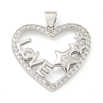 Rack Plating Brass Micro Pave Cubic Zirconia Pendants, Cadmium Free & Lead Free, Long-Lasting Plated, Heart with Word Love, for Valentine's Day, Platinum, 20.5x23x3.5mm, Hole: 4x3.5mm
