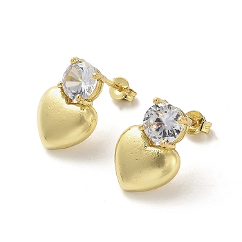 Heart Rack Plating Brass Micro Pave Clear Cubic Zirconia Stud Earrings, Cadmium Free & Lead Free, Real 18K Gold Plated, 17.5x12mm
