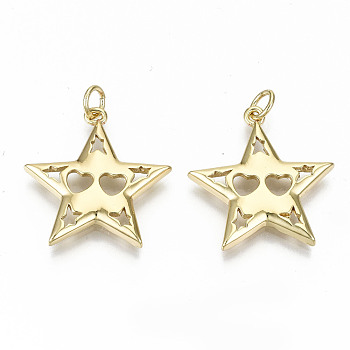 Brass Pendants, with Jump Rings, Nickel Free, Hollow, Star with Heart, Real 16K Gold Plated, 22.5x21x2.5mm, Jump Ring: 5x0.8mm, 3.4mm inner diameter