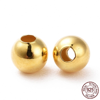 925 Sterling Silver Spacer Beads, Round, Golden, 4mm, Hole: 1.4~1.5mm