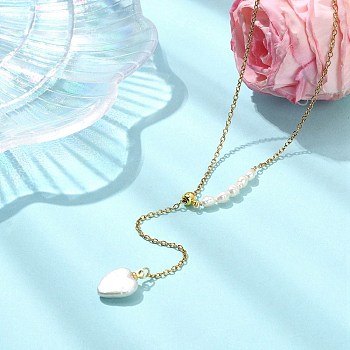 Adjustable Natural Baroque Keshi Pearl Heart Pendant 304 Stainless Steel Cable Chain Y Shaped Lariat Necklaces for Women, White, Golden, 16.34 inch(41.5cm)