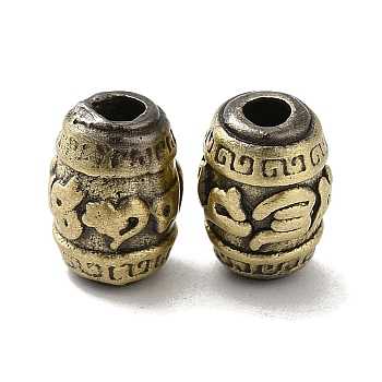Tibetan Style Rack Plating Brass Beads, Long-Lasting Plated, Barrel with Runes Pattern, Brushed Antique Bronze, 10x7.5mm, Hole: 2.5mm