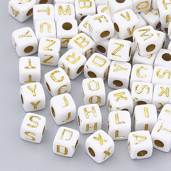 Pandahall 50g Plated Acrylic Beads, Metal Enlaced, Horizontal Hole, Cube with Letter, Golden Plated, 4.5x4.5x4.5mm, Hole: 3mm