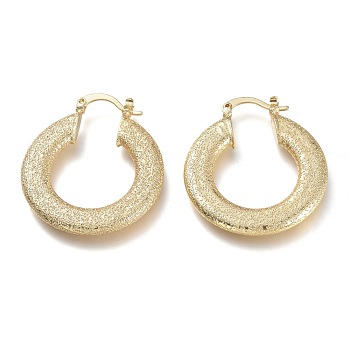 Brass Hoop Earrings, with 304 Stainless Steel Pins, Textured, Flat Ring Shape, Golden, 36x30x3mm, Pin: 0.7x2mm