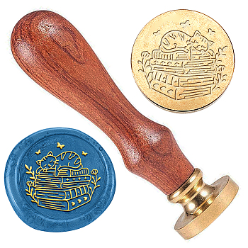 Wax Seal Stamp Set, Golden Tone Sealing Wax Stamp Solid Brass Head, with Retro Wood Handle, for Envelopes Invitations, Gift Card, Cat Shape, 83x22mm, Stamps: 25x14.5mm